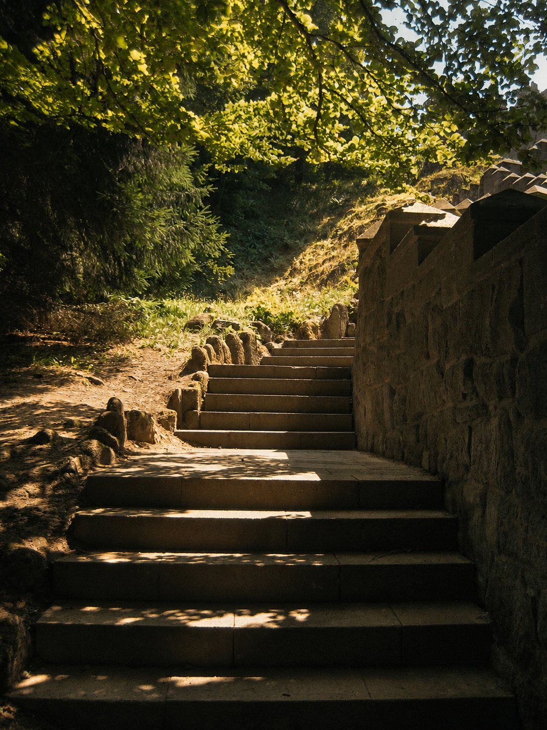 Steinstufen führen im goldenen Licht eines Waldes an einer alten Mauer entlang nach oben