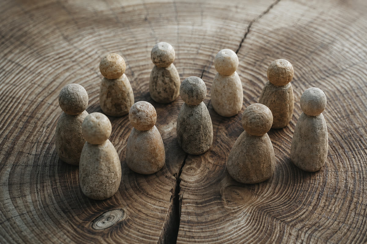 Eine Gruppe kleiner, hölzerner Figuren steht im Kreis auf einem Baumstamm mit sichtbaren Jahresringen